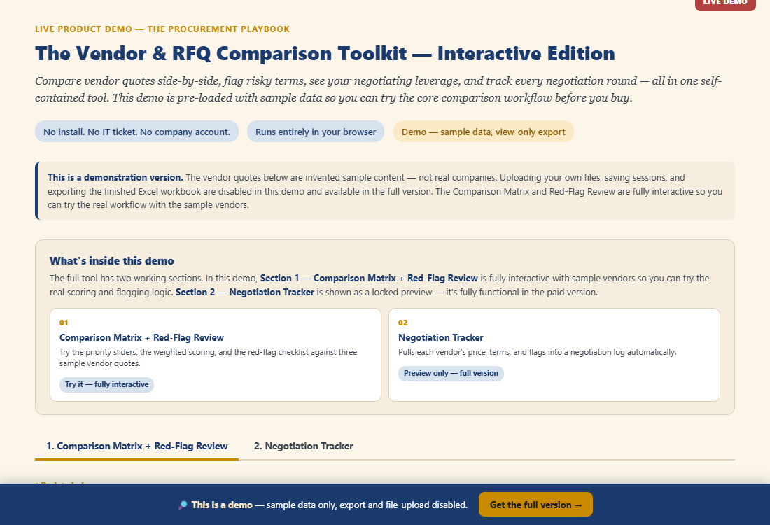The RFQ & Vendor Comparison Toolkit interactive demo, showing the Comparison Matrix and Red-Flag Review sections with sample vendor quotes